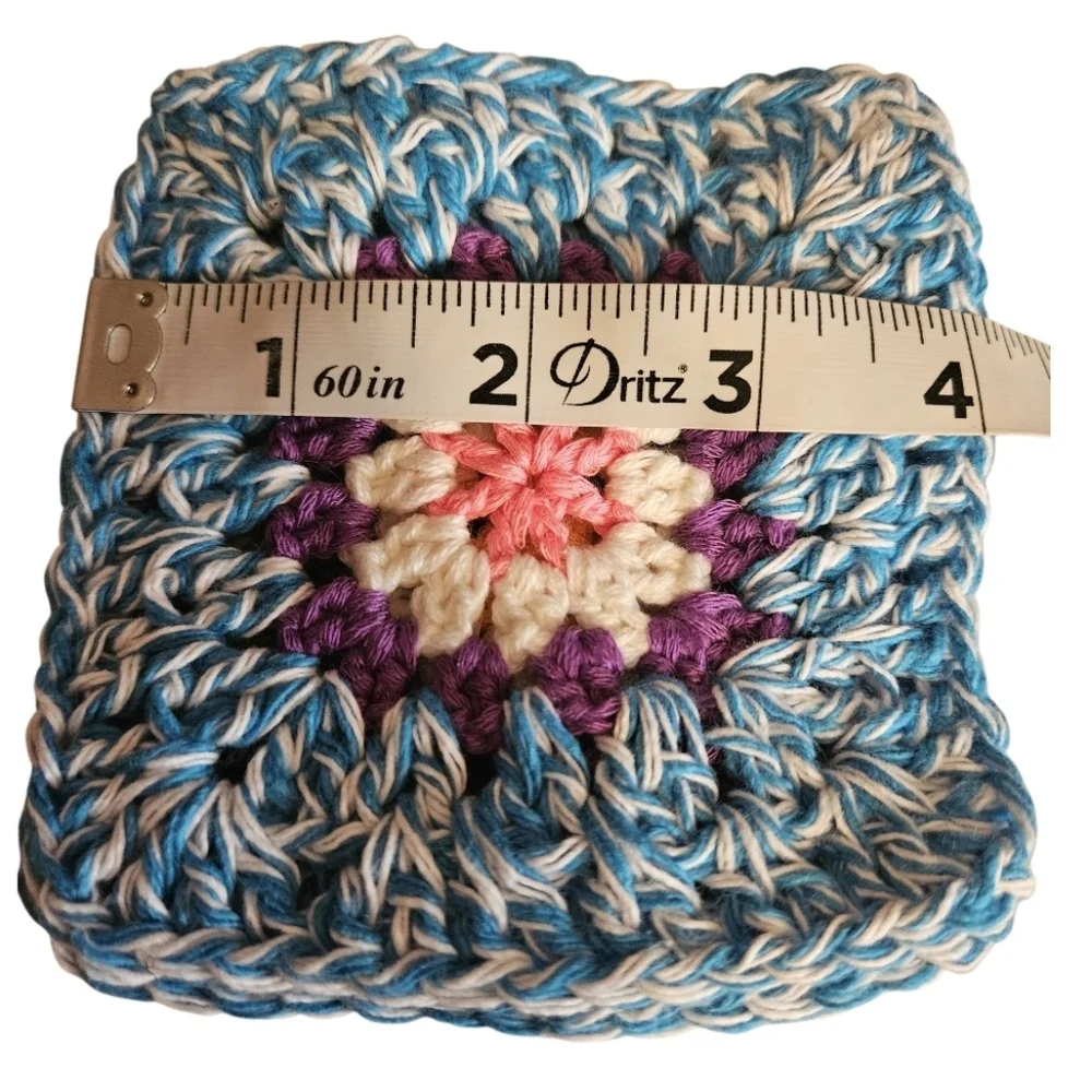 Handmade Turquoise Marl Crochet Granny Square 4-pc Coasters Set 100% Cotton